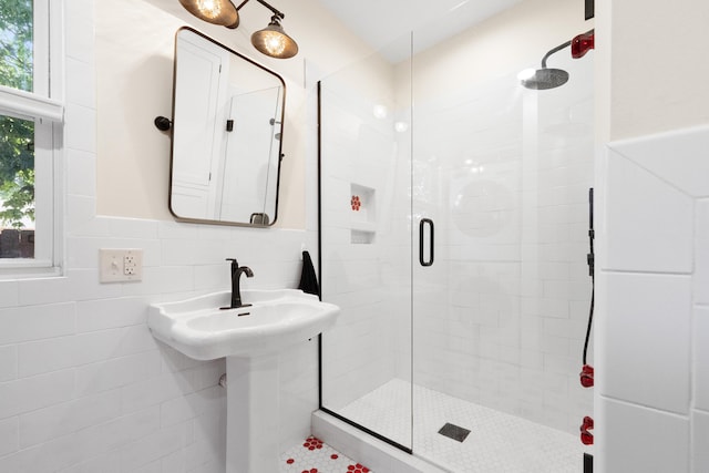 933 W Pershing St, Springfield, MO 65806 - full bathroom featuring a shower stall, tile walls, and wainscoting