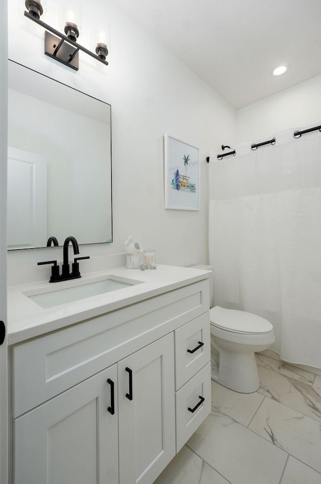 653 W Arbor Glenn Dr, Nixa, MO 65714 - full bathroom with vanity, marble look tile flooring, a shower with curtain, and recessed lighting