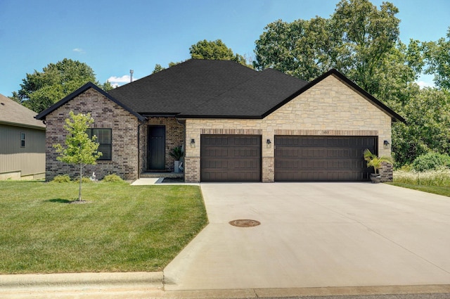 653 W Arbor Glenn Dr, Nixa, MO 65714 - french country style house featuring a garage, driveway, a front lawn, brick siding, and roof with shingles