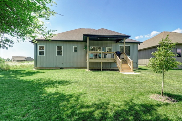 653 W Arbor Glenn Dr, Nixa, MO 65714 - rear view of property featuring a wooden deck, a yard, stairs, and roof with shingles