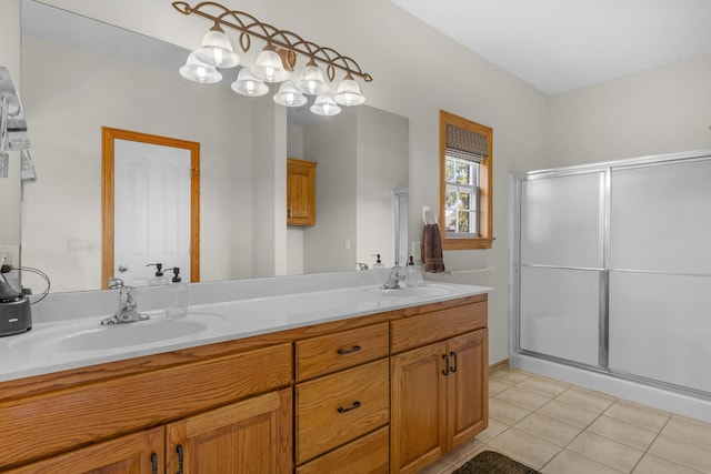 1190 E Headley St, Springfield, MO 65803 - bathroom with a stall shower, double vanity, and tile patterned flooring