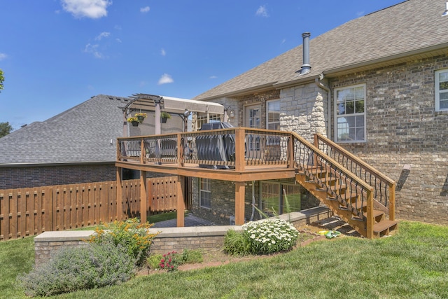 1190 E Headley St, Springfield, MO 65803 - rear view of property with a wooden deck, a shingled roof, stairway, stone siding, and a pergola