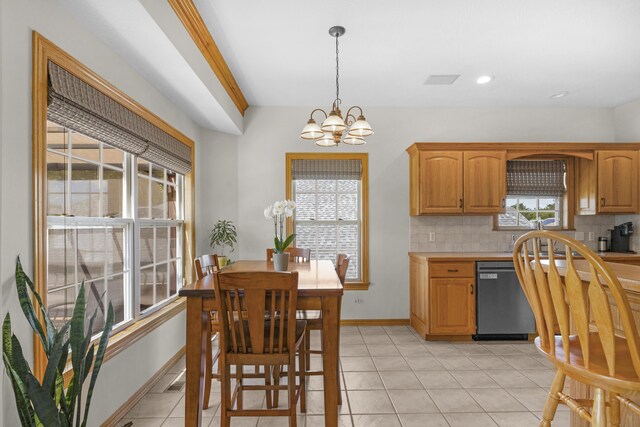 1190 E Headley St, Springfield, MO 65803 - kitchen with stainless steel dishwasher, a chandelier, tasteful backsplash, light tile patterned floors, and pendant lighting