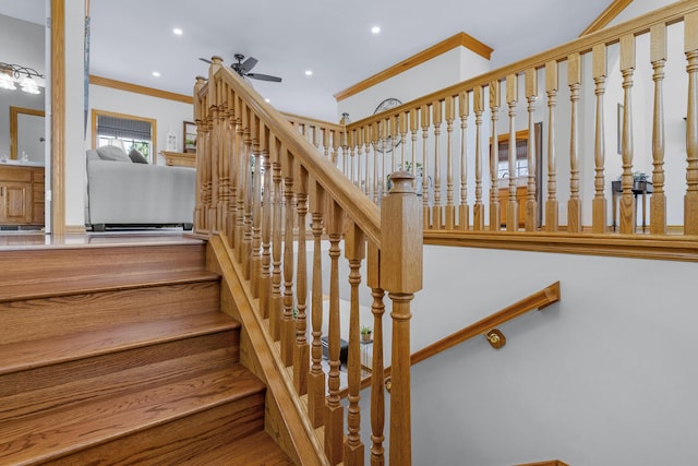 1190 E Headley St, Springfield, MO 65803 - staircase with crown molding, recessed lighting, and ceiling fan