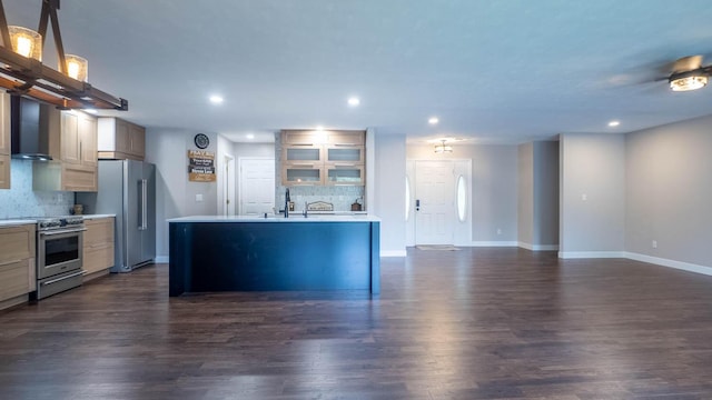 24 Oniatara Ln, Cherokee Village, AR 72529 - kitchen with high end appliances, decorative backsplash, recessed lighting, dark wood-style floors, and light countertops