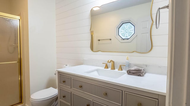 24 Oniatara Ln, Cherokee Village, AR 72529 - bathroom with vanity, a stall shower, and wooden walls