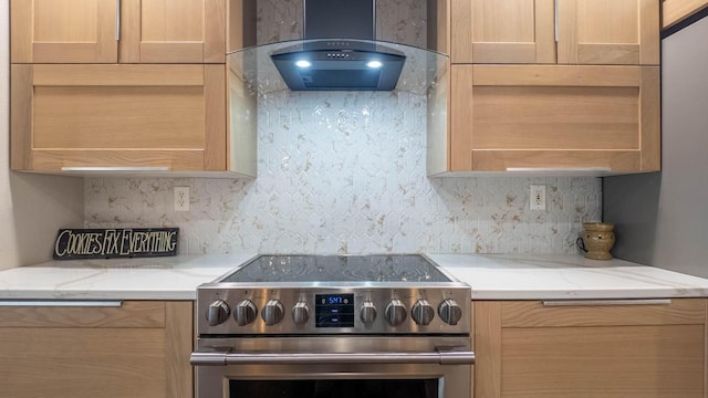24 Oniatara Ln, Cherokee Village, AR 72529 - kitchen with electric range, wall chimney exhaust hood, backsplash, and light stone countertops