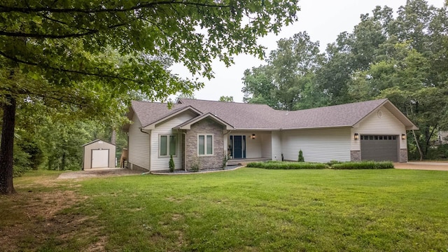 24 Oniatara Ln, Cherokee Village, AR 72529 - single story home with a shed, an attached garage, stone siding, a front yard, and a shingled roof