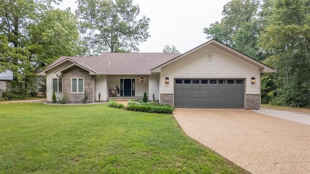 24 Oniatara Ln, Cherokee Village, AR 72529 - single story home featuring driveway, an attached garage, a front lawn, a shingled roof, and stone siding