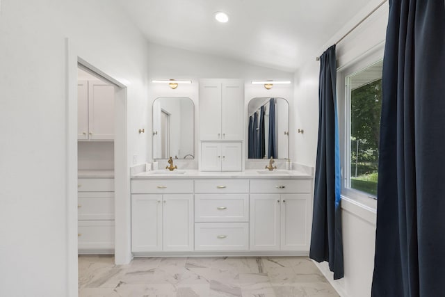 5295 E Farm Road 138, Springfield, MO 65809 - full bath featuring marble finish floors, lofted ceiling, plenty of natural light, double vanity, and recessed lighting
