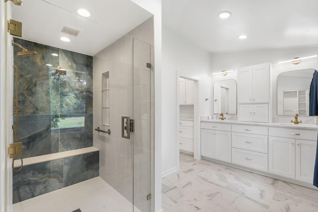 5295 E Farm Road 138, Springfield, MO 65809 - full bathroom with a stall shower, marble finish floors, double vanity, and recessed lighting