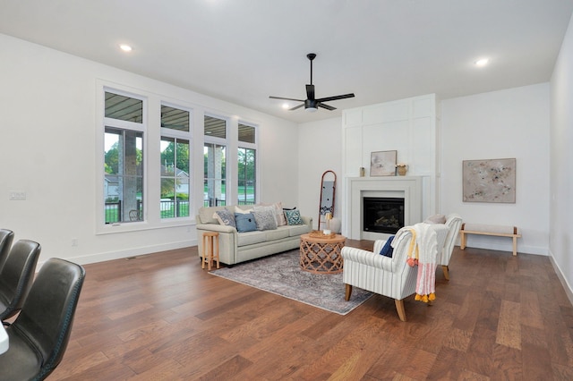 5030 E Swale Ct, Springfield, MO 65802 - living area with ceiling fan, dark wood finished floors, a glass covered fireplace, and recessed lighting