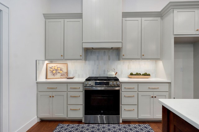 5030 E Swale Ct, Springfield, MO 65802 - kitchen featuring stainless steel range with gas stovetop, light countertops, decorative backsplash, and dark wood finished floors