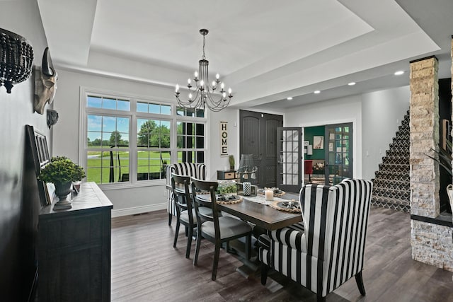 13030 County Lane 228, Oronogo, MO 64855 - dining area with a tray ceiling, a chandelier, dark wood finished floors, and recessed lighting