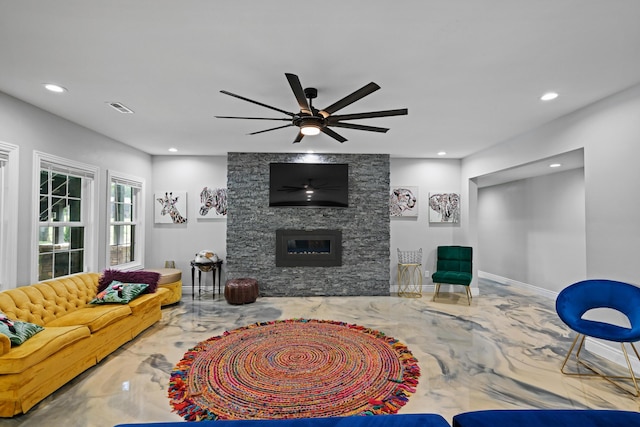 13030 County Lane 228, Oronogo, MO 64855 - living room featuring recessed lighting, marble tiled flooring, ceiling fan, and a stone fireplace