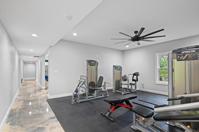 13030 County Lane 228, Oronogo, MO 64855 - workout area featuring marble tiled floors, a ceiling fan, and recessed lighting