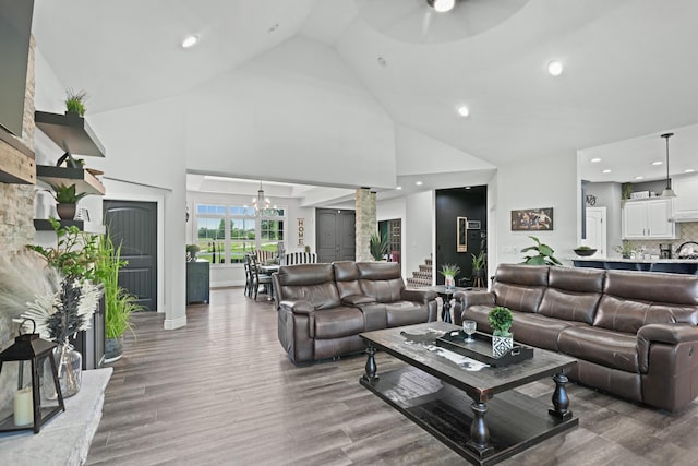 13030 County Lane 228, Oronogo, MO 64855 - living area featuring high vaulted ceiling, wood finished floors, recessed lighting, and a ceiling fan