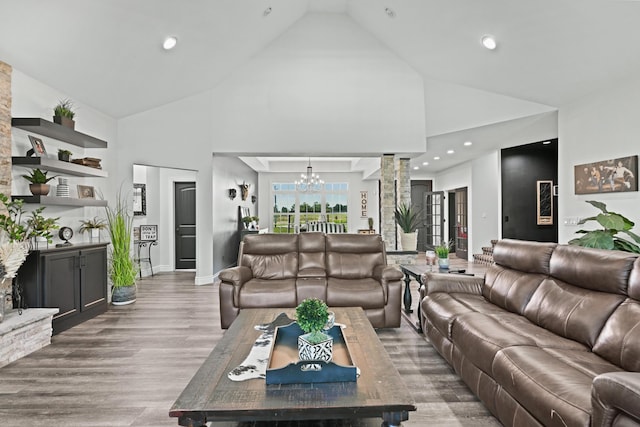 13030 County Lane 228, Oronogo, MO 64855 - living room featuring a chandelier, high vaulted ceiling, wood finished floors, and recessed lighting