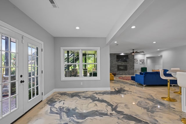 13030 County Lane 228, Oronogo, MO 64855 - living room featuring recessed lighting, a fireplace, and ceiling fan