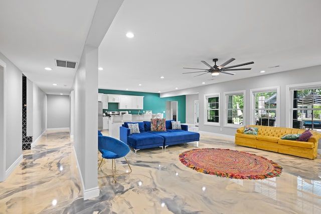 13030 County Lane 228, Oronogo, MO 64855 - living area featuring light marble finish flooring, recessed lighting, and ceiling fan