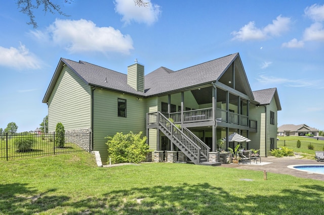 13030 County Lane 228, Oronogo, MO 64855 - rear view of property featuring a chimney, stairway, a patio area, a shingled roof, and a deck