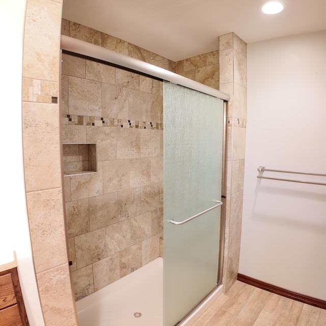 3352 W State Highway 76, Cape Fair, MO 65624 - bathroom with a shower stall, wood finished floors, and recessed lighting