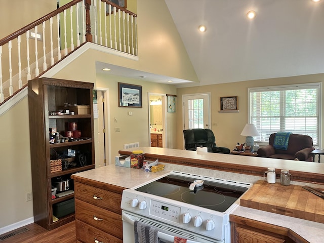 26569 County Road 225, Flemington, MO 65650 - kitchen with white range with electric cooktop, dark wood-type flooring, open floor plan, light countertops, and brown cabinetry