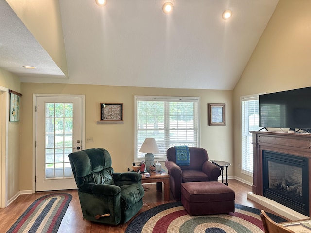26569 County Road 225, Flemington, MO 65650 - living room featuring vaulted ceiling, wood finished floors, a glass covered fireplace, and recessed lighting