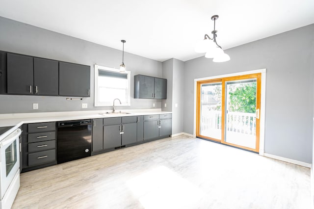 4147 E Kellis Ct, Springfield, MO 65802 - kitchen with black dishwasher, electric stove, light countertops, decorative light fixtures, and light wood finished floors