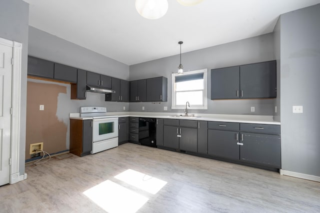 4147 E Kellis Ct, Springfield, MO 65802 - kitchen with white electric range oven, dishwasher, light countertops, pendant lighting, and light wood-type flooring