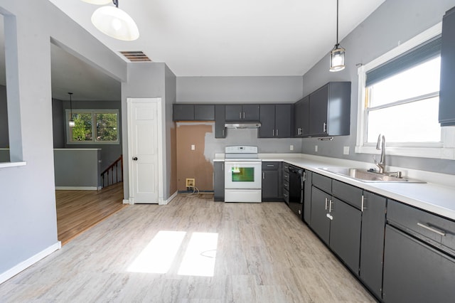 4147 E Kellis Ct, Springfield, MO 65802 - kitchen with white range with electric stovetop, light wood-type flooring, light countertops, under cabinet range hood, and black dishwasher