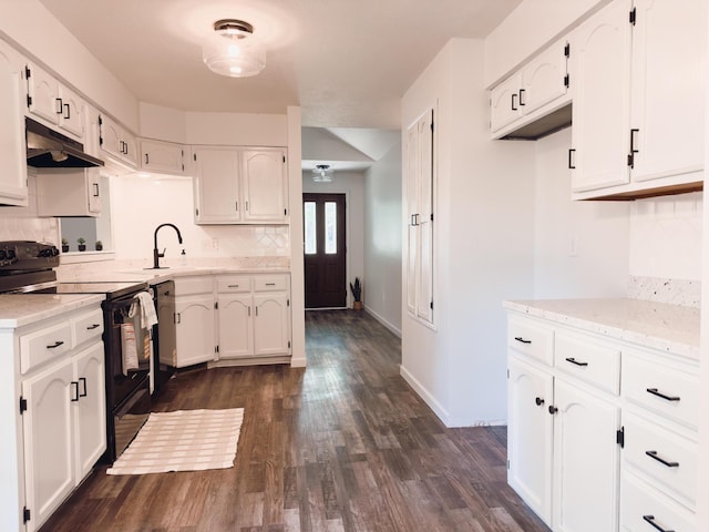 105 Horseshoe Dr, Nixa, MO 65714 - kitchen with black appliances, under cabinet range hood, white cabinetry, dark wood finished floors, and backsplash