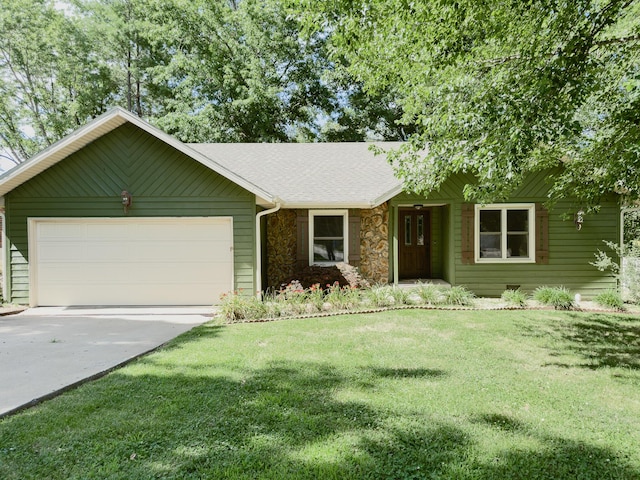 105 Horseshoe Dr, Nixa, MO 65714 - single story home featuring a garage, stone siding, concrete driveway, a front yard, and roof with shingles