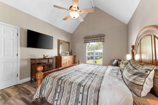 2505 Talking Rocks Rd, Branson West, MO 65737 - bedroom featuring wood finished floors, high vaulted ceiling, and a ceiling fan