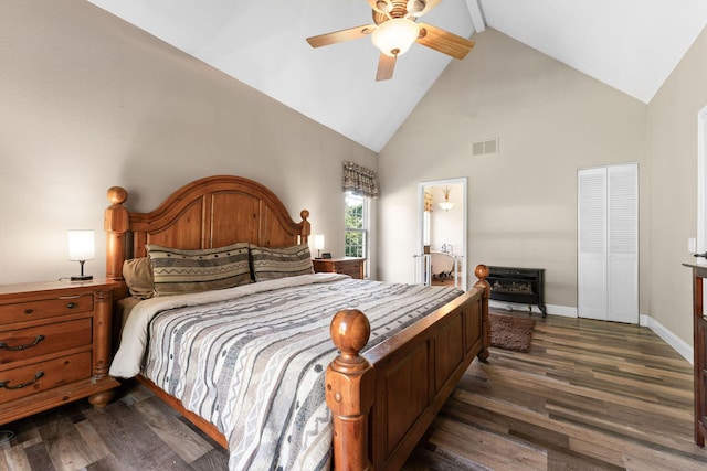 2505 Talking Rocks Rd, Branson West, MO 65737 - bedroom with high vaulted ceiling, dark wood finished floors, and ceiling fan