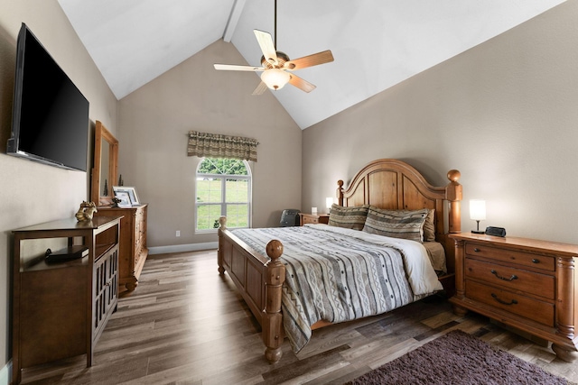 2505 Talking Rocks Rd, Branson West, MO 65737 - bedroom featuring high vaulted ceiling, wood finished floors, a ceiling fan, and beam ceiling
