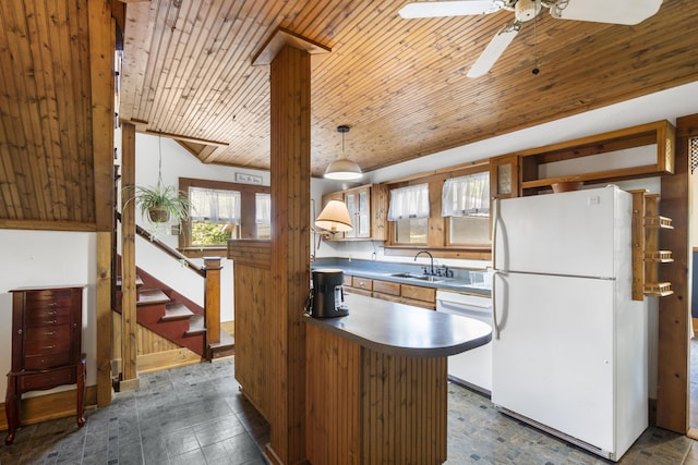 400 E Walker St, Ash Grove, MO 65604 - kitchen featuring white appliances, wood ceiling, ceiling fan, pendant lighting, and open shelves