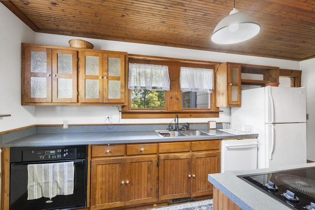 400 E Walker St, Ash Grove, MO 65604 - kitchen featuring black appliances, wood ceiling, brown cabinetry, glass insert cabinets, and light countertops