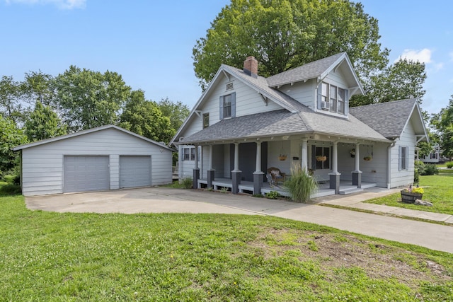 400 E Walker St, Ash Grove, MO 65604 - view of front of home with covered porch, a detached garage, a shingled roof, a chimney, and an outdoor structure