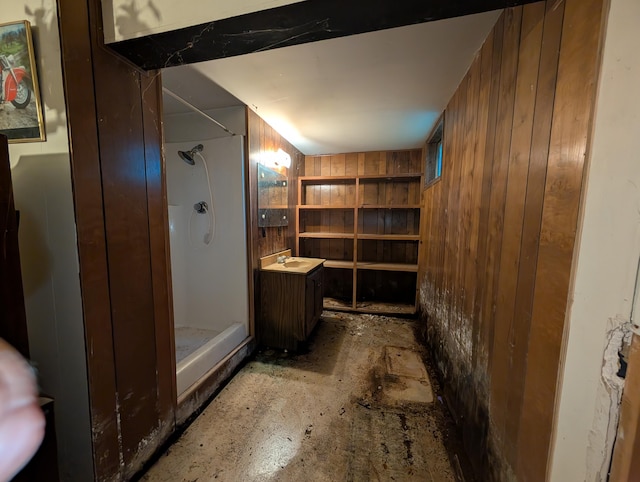 1202 S 11th St, Ozark, MO 65721 - full bathroom featuring a shower stall, wooden walls, and vanity