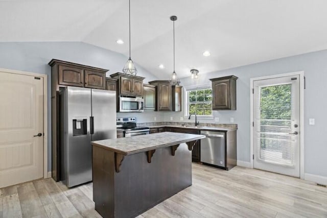 223 Roundhill Rd, Branson, MO 65616 - kitchen featuring stainless steel appliances, dark brown cabinets, vaulted ceiling, a center island, and light wood-style flooring