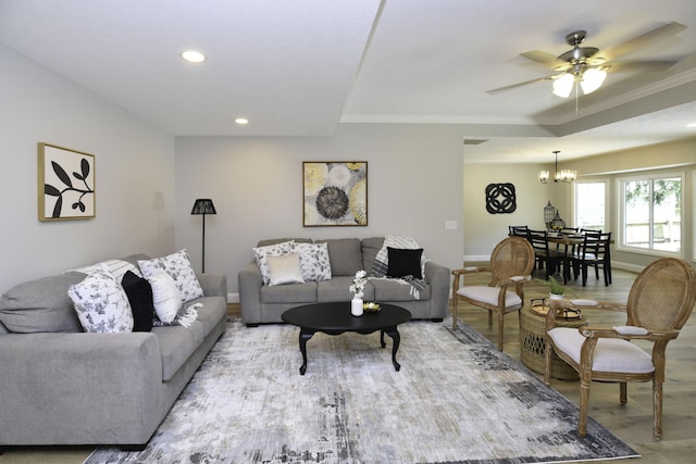 3457 S Barnes Ave, Springfield, MO 65804 - living area with light wood-type flooring, crown molding, recessed lighting, a chandelier, and ceiling fan