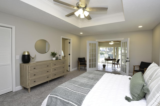 3457 S Barnes Ave, Springfield, MO 65804 - bedroom with french doors, a raised ceiling, access to exterior, carpet, and recessed lighting