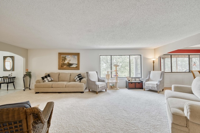 29 Trail Ridge Dr, Kimberling City, MO 65686 - carpeted living area with a textured ceiling and arched walkways