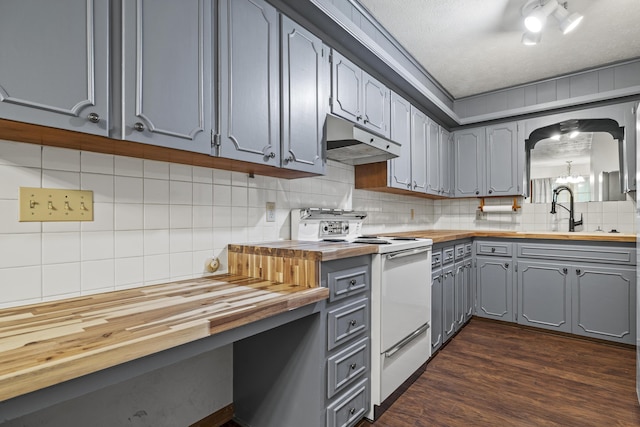 716 S Rogers Ave, Springfield, MO 65804 - kitchen featuring butcher block counters, gray cabinets, under cabinet range hood, white range with electric cooktop, and decorative backsplash