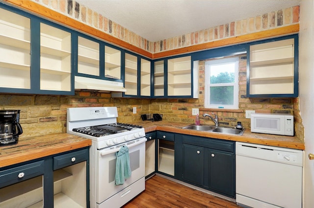 1111 S Lone Pine Ave, Springfield, MO 65804 - kitchen featuring white appliances, under cabinet range hood, decorative backsplash, open shelves, and a textured ceiling