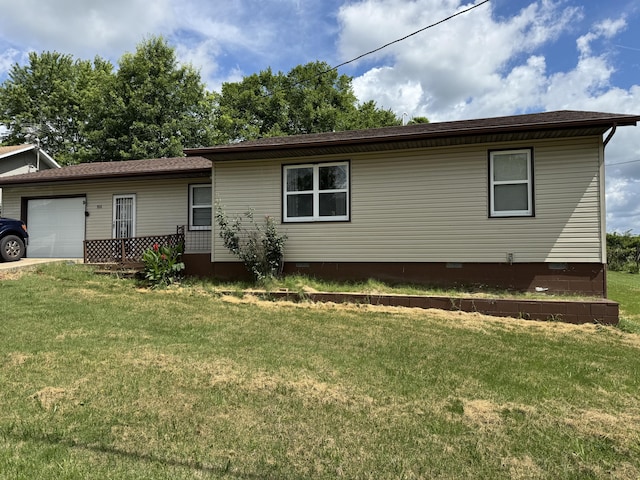 806 Lathrop Ave, Ava, MO 65608 - view of front of house featuring crawl space, an attached garage, a front yard, and a shingled roof