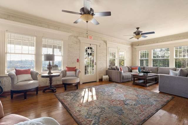 120 N 4th St, Branson, MO 65616 - living area with ceiling fan, crown molding, wood finished floors, and wallpapered walls