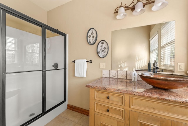 120 N 4th St, Branson, MO 65616 - bathroom featuring tile patterned flooring, a shower stall, and vanity