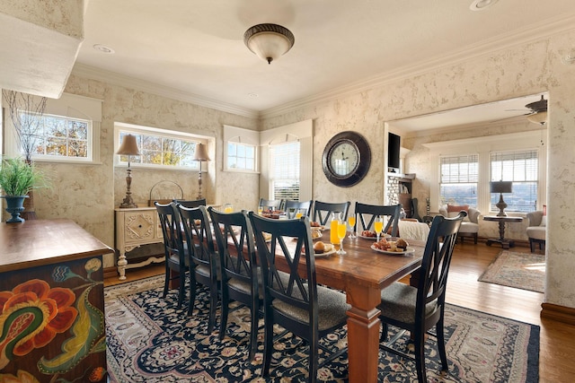 120 N 4th St, Branson, MO 65616 - dining room featuring wood finished floors, crown molding, and ceiling fan